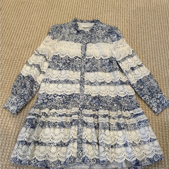 Hyacinth House Lace Trim Blue Etched Floral Emmie Mini Dress Blue NWOT